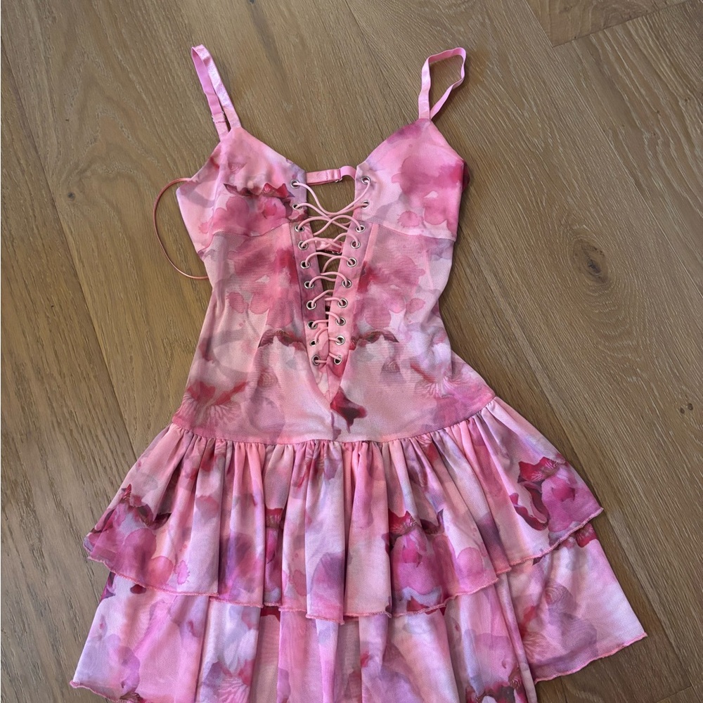 Pink Floral Lace-Up FashionNova Mini Dress Size Medium